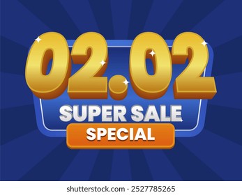 02.02 Super Sale Special banner with bold golden 3D text on a radiant blue background. Featuring eye-catching typography and vibrant colors for an exclusive promotion.