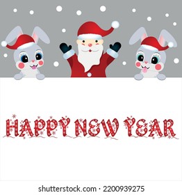 023 year of rabbit. Cute christmas bunny in santa hat. Chinese New Year symbol. Festive greeting card. Vector illustration isolated on white background.