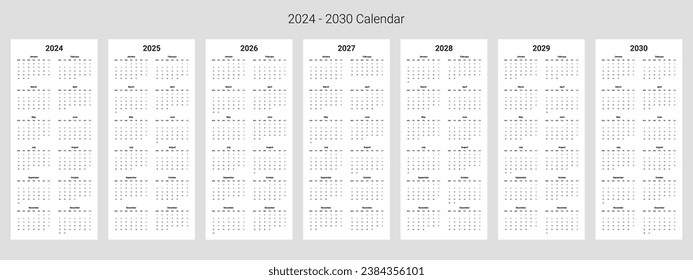 024, 2025, 2026, 2027, 2028, 2029, 2030 year calendar in one vector file. Week starts Monday Daily planner template with 12 months. vector illustration. svg