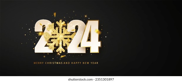 024 Feliz Año Nuevo elegante fondo de bienvenida con un llamativo copo de nieve dorado contra un elegante lienzo negro. Ilustración de vacaciones navideñas de vectores