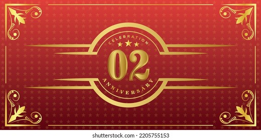 02nd anniversary logo with golden ring, confetti and gold border isolated on elegant red background, sparkle, vector design for greeting card and invitation card
