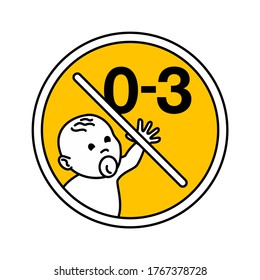 0-3 age limit - Not suitable for children under 3 years prohibit sign with crossed out baby face and age digits - isolated vector packaging information