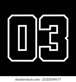 03 Classic Vintage Sport Jersey Uniform numbers in black with a black outside contour line number on white background for American football, Baseball and Basketball or soccer for shirt