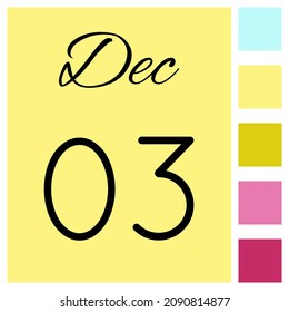 03 día del mes. Diciembre. Icono de calendario diario. Fecha día semana domingo, lunes, martes, miércoles, jueves, viernes, sábado.