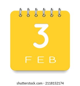 03 day of the month. February. Cute yellow calendar daily icon. Date day week Sunday, Monday, Tuesday, Wednesday, Thursday, Friday, Saturday. Cut paper. White background. Vector illustration.