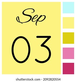 03 día del mes. Septiembre. Icono de calendario diario. Fecha día semana domingo, lunes, martes, miércoles, jueves, viernes, sábado.