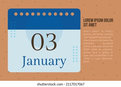 03 January Calendar template design with title, and paragraph. Calendar conceptual vector illustration.