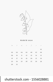 03 Page - MARCH 2020 – Wall Or Desk Art Calendar 2020 Printable Vector Template. Daily Planner 2020. 12 Line Art Flowers Illustration. Floral Minimal And Elegant Diary Calendar 2020 Design.