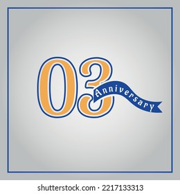 03 Years Anniversary celebration logotype colored with yellow and blue, using blue ribbon and isolated on gray background.