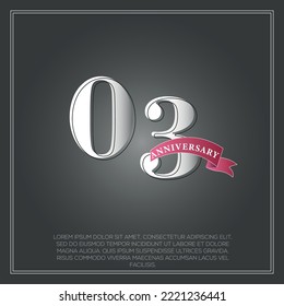 03  Years Anniversary celebration logotype colored with shiny gray, using ribbon and isolated on black background
