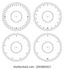 0-360 degree dial symbols. 360 degree circles on a white background. 360 degree dial with four options
