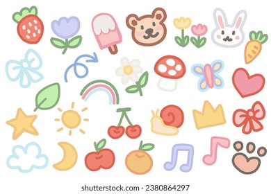 039-Hand drawn cartoon elements cute animals heart star flowers smiley fruits rainbow cloud and abstract shape pastel colour.
