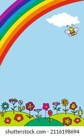 03_Postcard banner with sky clouds and rainbow_bee over flowers and field_space for text	