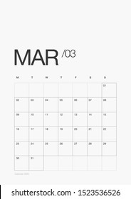 03-MARCH - Minimal Daily Planner 2020 Year Design Printable and Customizable Vector Template. Calendar 2020 Modern Design 13 Pages with + Cover.