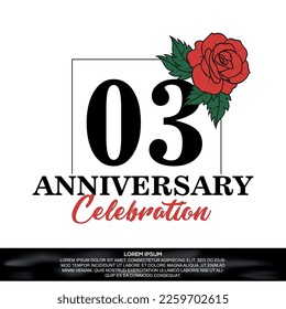 03rd anniversary celebration logo  vector design with red rose  flower with black color font on white background abstract  