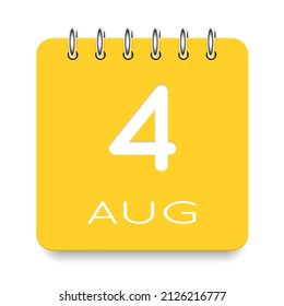 04 day of the month. August. Cute yellow calendar daily icon. Date day week Sunday, Monday, Tuesday, Wednesday, Thursday, Friday, Saturday. Cut paper. White background. Vector illustration.