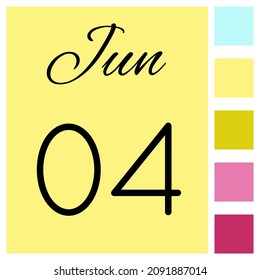 04 Tage des Monats. Juni. Tägliches Icon des Cute-Kalenders. Tag Woche Sonntag, Montag, Dienstag, Mittwoch, Donnerstag, Freitag, Samstag.