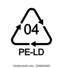 04 PE LD recycling sign in triangular shape with arrows. PELD or LDPE reusable icon isolated on white background. Environmental protection concept. Vector graphic illustration