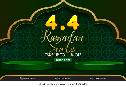 04.04 ramadan sale template banner with copy space 3d podium for product sale with abstract gradient dark green background design