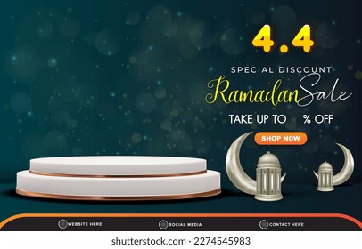 04.04 special discount ramadan sale template banner with copy space 3d podium for product sale with abstract gradient green and blue background design