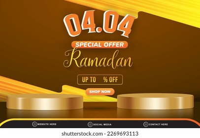 04.04 special offer ramadan sale discount template banner with copy space 3d podium for product sale with abstract gradient brown and orange background design