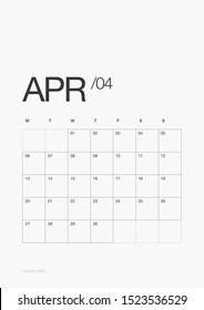 04-APRIL - Calendar 2020 Vector Layout. Wall or Desk Calendar. Personal Schedule. Monthly Planner 13 Pages + Cover Set.
