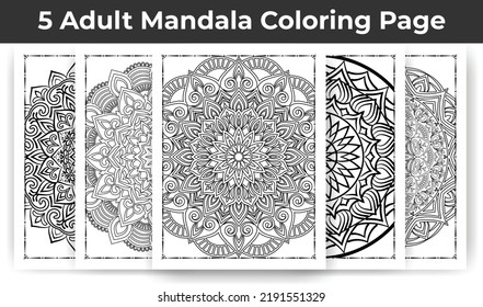 05 Adult Mandala Coloring Page Bundle for KDP Interior.
Adult coloring page interior. Arabic style mandala pattern set design. Coloring page interior. Black and white mandala ornament bundle.