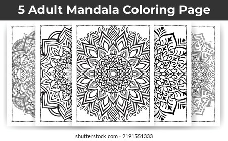 05 Adult Mandala Coloring Page Bundle for KDP Interior.
Adult coloring page interior. Arabic style mandala pattern set design. Coloring page interior. Black and white mandala ornament bundle.