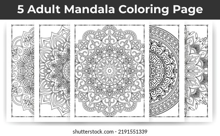 05 Adult Mandala Coloring Page Bundle for KDP Interior.
Adult coloring page interior. Arabic style mandala pattern set design. Coloring page interior. Black and white mandala ornament bundle.