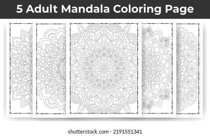 05 Adult Mandala Coloring Page Bundle for KDP Interior.
Adult coloring page interior. Arabic style mandala pattern set design. Coloring page interior. Black and white mandala ornament bundle.