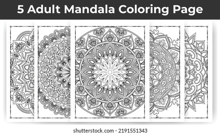 05 Adult Mandala Coloring Page Bundle for KDP Interior.
Adult coloring page interior. Arabic style mandala pattern set design. Coloring page interior. Black and white mandala ornament bundle.