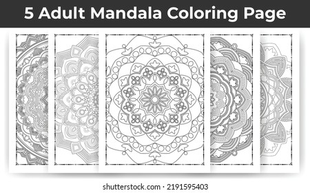 05 Adult Mandala Coloring Page Bundle for KDP Interior.
Adult coloring page interior. Arabic style mandala pattern set design. Coloring page interior. Black and white mandala ornament bundle.