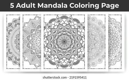 05 Adult Mandala Coloring Page Bundle for KDP Interior.
Adult coloring page interior. Arabic style mandala pattern set design. Coloring page interior. Black and white mandala ornament bundle.