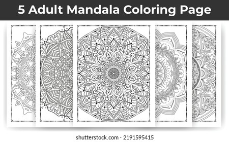 05 Adult Mandala Coloring Page Bundle for KDP Interior.
Adult coloring page interior. Arabic style mandala pattern set design. Coloring page interior. Black and white mandala ornament bundle.