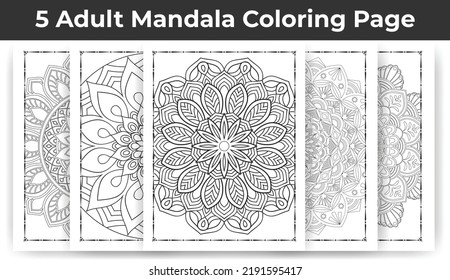 05 Adult Mandala Coloring Page Bundle for KDP Interior.
Adult coloring page interior. Arabic style mandala pattern set design. Coloring page interior. Black and white mandala ornament bundle.