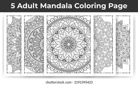 05 Adult Mandala Coloring Page Bundle for KDP Interior.
Adult coloring page interior. Arabic style mandala pattern set design. Coloring page interior. Black and white mandala ornament bundle.