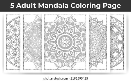 05 Adult Mandala Coloring Page Bundle for KDP Interior.
Adult coloring page interior. Arabic style mandala pattern set design. Coloring page interior. Black and white mandala ornament bundle.