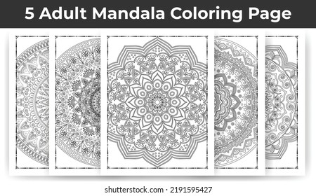 05 Adult Mandala Coloring Page Bundle for KDP Interior.
Adult coloring page interior. Arabic style mandala pattern set design. Coloring page interior. Black and white mandala ornament bundle.