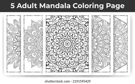 05 Adult Mandala Coloring Page Bundle for KDP Interior.
Adult coloring page interior. Arabic style mandala pattern set design. Coloring page interior. Black and white mandala ornament bundle.