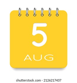 05 día del mes. Agosto. Icono de calendario amarillo lindo diario. Fecha día semana domingo, lunes, martes, miércoles, jueves, viernes, sábado. Corta papel. Fondo blanco. Ilustración vectorial.