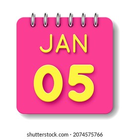 05 day of the month. 05 January. Cute calendar daily icon. Date day week Sunday, Monday, Tuesday, Wednesday, Thursday, Friday, Saturday.