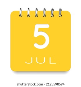 05 day of the month. July. Cute yellow calendar daily icon. Date day week Sunday, Monday, Tuesday, Wednesday, Thursday, Friday, Saturday. Cut paper. White background. Vector illustration.