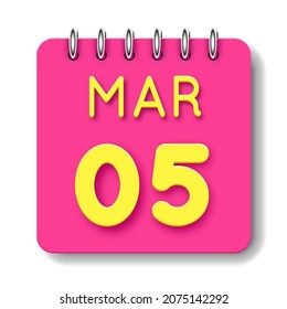 05 day of the month. 05 March. Cute calendar daily icon. Date day week Sunday, Monday, Tuesday, Wednesday, Thursday, Friday, Saturday.