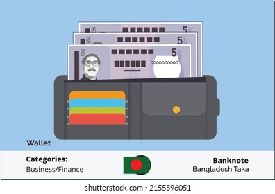 05 Five taka Bangladehi banknotes with putting money in the wallet.