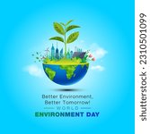 05 June, World Environment day concept 3d design. 3d World map with Environment day text and background illustration.