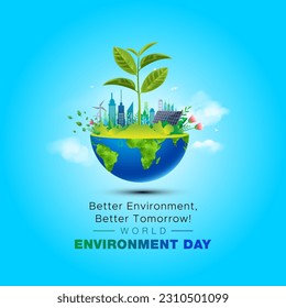05 June, World Environment day concept 3d design. 3d World map with Environment day text and background illustration.