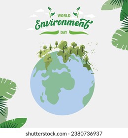 05 June, World Environment day concept design. World map with Environment day text and background illustration of tree, leaves and clouds.