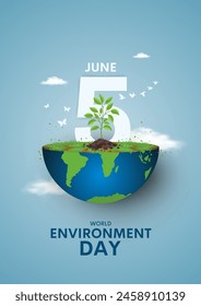 05 June, World Environment day concept 3d design. 3d World map with Environment day text and background illustration.