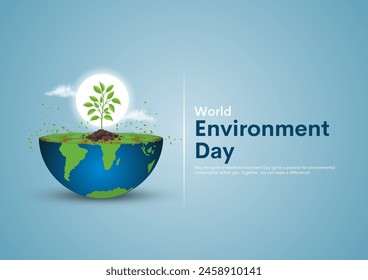 05 de junio, Día Mundial del Medio Ambiente concepto de diseño 3d. Mapa del mundo 3d con el texto del día del medio ambiente e ilustración de fondo.