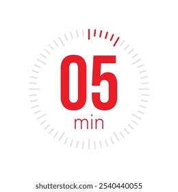 05 minute Timer, clock, stopwatch isolated icons. Countdown timer symbol. Label cooking time. Minute timer, Time measure, Chronometer, Alarm, Kitchen timer, label, sticker, stamp. Vector illustration